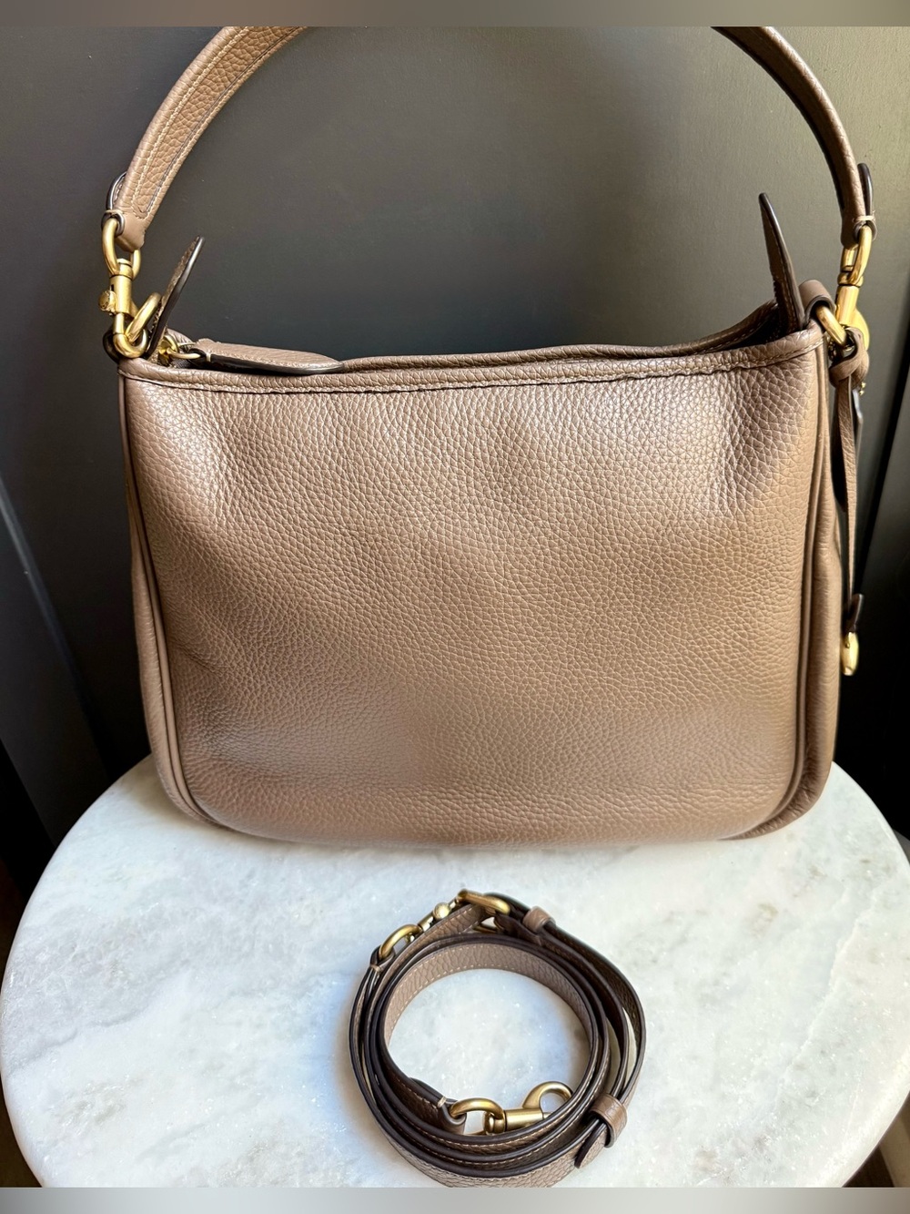 Coach Cary Shoulder Bag Soft Pebble Leather Dark Stone Taupe Gold CC435 NWOT